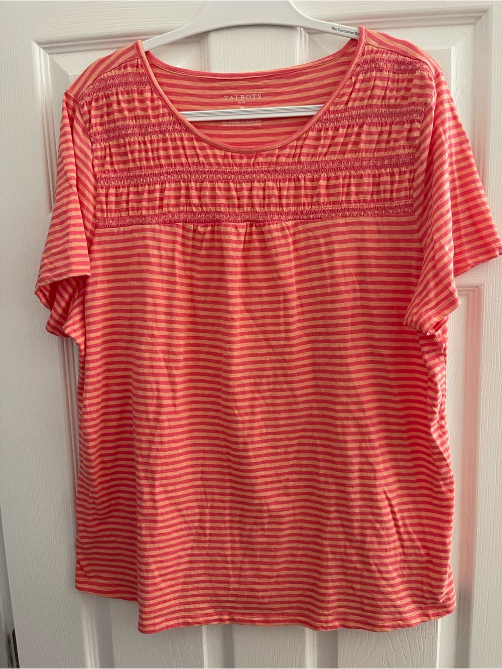Talbots Coral and Pink Striped Short Sleeve Smocked Yoke Tee